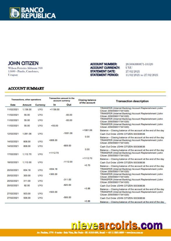 Uruguay Banco De La Republica Oriental Del Uruguay bank statement in .doc and .pdf format